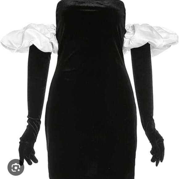 AKIRA  COCKTAIL DRESS/ BLACK VELVET WOMENS MINI DRESS WITH WHITE SHOULDER BOWS - Picture 1 of 10